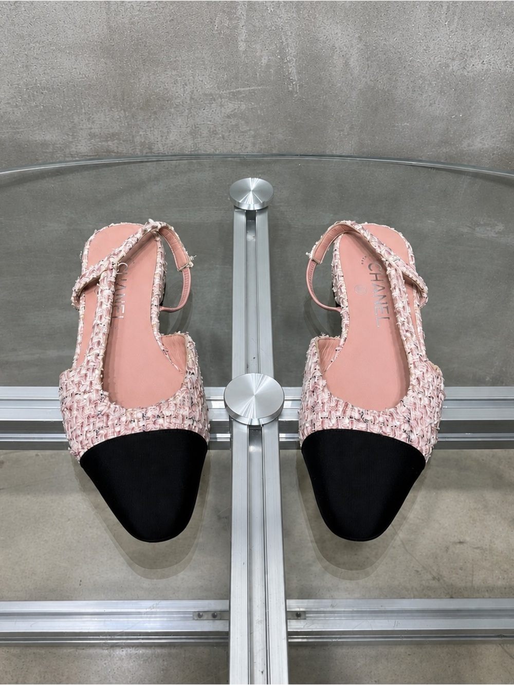 CHANEL Pink Tweed Slingback Flats with Black Cap Toe